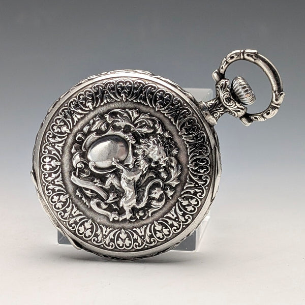 約 1901 年古董浪琴錶懷錶,微型浮雕,銀色側面獵人錶殼,狀況良好